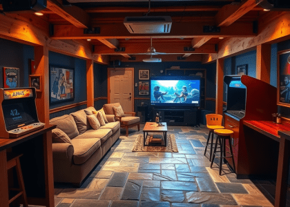 Basement game room with slate floor, wooden beams, eclectic posters, large couch facing oversized TV, antique arcade machine in corner, inviting atmosphere with ambient lighting, small bar area with mismatched stools for drinks and socializing.