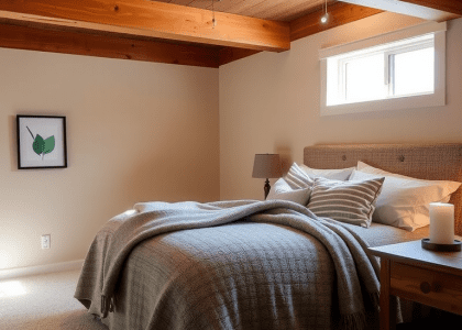 "Serene Master Basement Bedroom with warm wooden beams, earthy tones, gentle beige walls, plush oversized bed with textured blanket, rustic nightstand with a book and candle, inviting atmosphere for relaxation."
