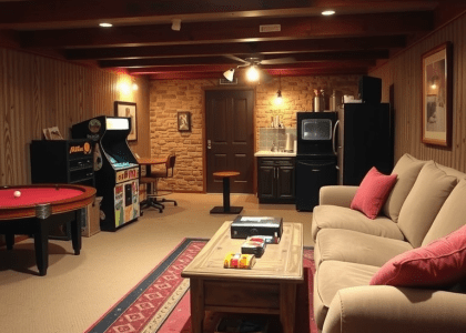 Cozy basement game room with exposed wooden beams, rustic stone wall, oversized couch, weathered coffee table stacked with games, vintage arcade machine, and a kitchenette filled with snacks, perfect for game nights and social gatherings.