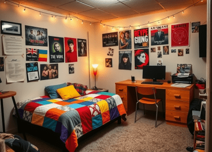 Cozy teenager's basement bedroom with twin bed draped in colorful patchwork quilt, wooden desk with schoolbooks and art supplies, fairy lights illuminating the space, posters of favorite bands and friend snapshots on the walls, and plush carpets inviting bare feet.