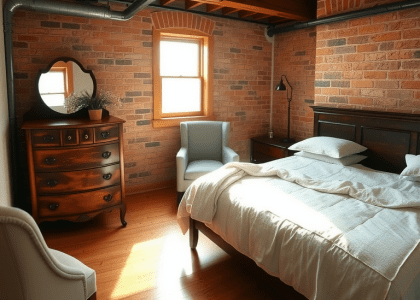 Cozy guest basement bedroom with full-sized bed dressed in soft linens, natural light through window, exposed brick walls, polished wooden floors, vintage dresser with flowers, and snug reading nook chair.