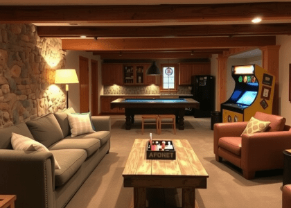 Warm and inviting basement game room with exposed wooden beams, rustic stone wall, oversized couch, weathered coffee table filled with games, vintage arcade machine casting shadows, and a kitchenette stocked with snacks and drinks, ideal for game nights and social gatherings.