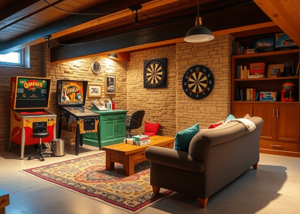 Basement game room with exposed wooden beams, rustic stone accent wall, oversized sofa around a low coffee table, colorful rugs on concrete flooring, vintage pinball machine, dartboard, and shelves filled with board games, featuring ambient lighting for a cozy atmosphere.