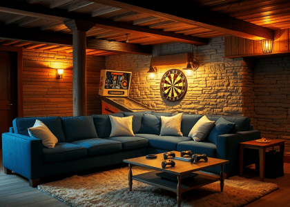 Rustic basement game room with exposed wooden beams, deep blue sectional sofa, vintage pinball machine, ornate dartboard against stone wall, warm sconces lighting a wooden coffee table with game controllers and snacks, plush rug on uneven floor, cozy atmosphere for evenings with friends.