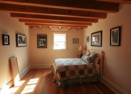 Warm basement bedroom with exposed wooden beams, beige walls adorned with mismatched photograph frames, oversized bed draped in a colorful handmade quilt, natural light filtering through a small window, and rich wooden floorboards, creating an inviting retreat for relaxation.
