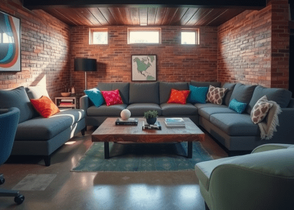 Contemporary basement living room with a plush grey sofa, colorful throw pillows, exposed brick walls, natural light from small windows, polished concrete floor, and a reclaimed wood coffee table surrounded by books and decorative items.