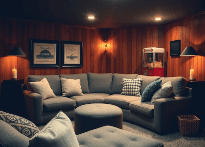 "Cozy basement movie room with plush sectional couch, oversized pillows, wooden paneling, vintage popcorn machine, flickering candles, and string lights creating a warm atmosphere for movie nights."