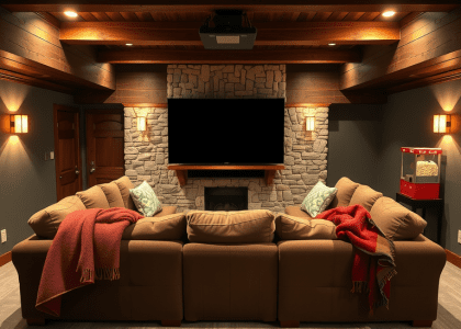 Plush oversized couch in a semicircle arrangement facing a large screen in a cozy basement home theater, with throw blankets, ambient lighting from sconces, dark wood beams, and a nostalgic popcorn machine creating a warm atmosphere for movie nights with family and friends.