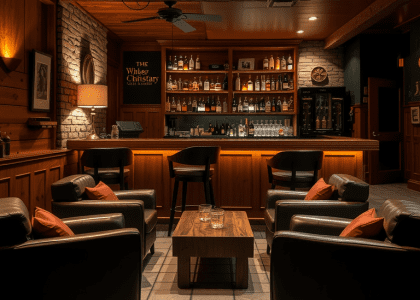Cozy whiskey lounge in a basement with warm low lighting, aged wooden panel walls, exposed stone accents, comfortable leather armchairs arranged around a low oak table, a well-stocked bar with simple glassware, and soft jazz music in the background.