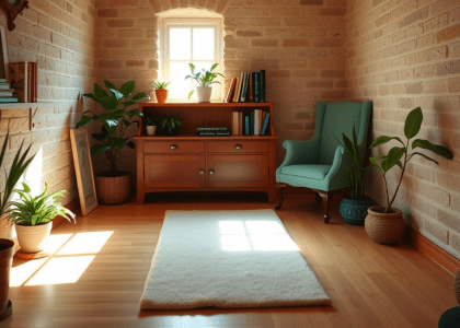 Tranquil basement yoga room with soft natural light, warm wooden floors, plush yoga mat, vibrant potted plants, stone walls, wooden shelf with mindfulness books, and a vintage chair for reflection. Ideal sanctuary for yoga and stretching.