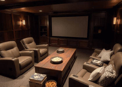 Cozy basement cinema room with plush recliners, large projection screen, warm wood paneling, rustic coffee table with popcorn and drinks, and inviting atmosphere perfect for family film nights.
