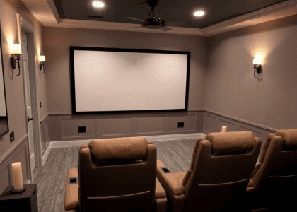 Cozy home theater featuring two recliners, a projector screen, and a snack bar, designed for the ultimate movie experience in a modern basement cinema.