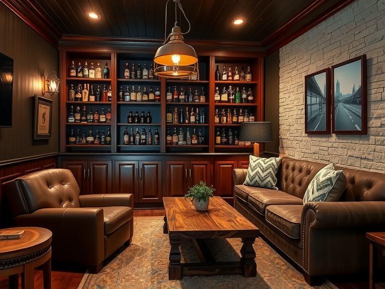 Basement whiskey lounge with dark wood paneling, leather armchair, weathered sofa, rustic reclaimed barn wood coffee table, vintage pendant lights, shelves of whiskey bottles, and a stone accent wall.