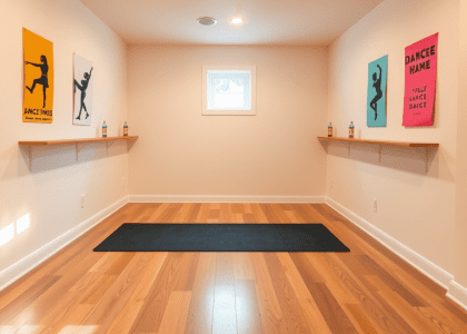 Dance fitness basement room with warm wooden flooring, soft pastel walls, a mirrored wall, and a padded mat, featuring vibrant posters of dance poses and motivational quotes, ideal for solo and group workouts.