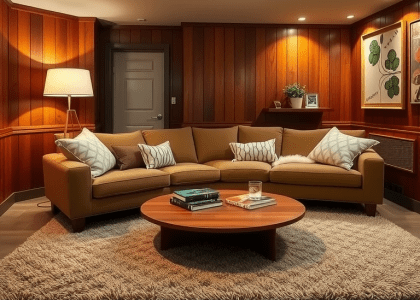 Mid-Century Modern basement living room with warm color palette, rich wooden paneling, plush low-profile sofa with geometric-patterned cushions, walnut round coffee table, soft diffused lighting from retro floor lamp, shag rug, and abstract art on walls, creating a cozy atmosphere ideal for relaxation and leisure.