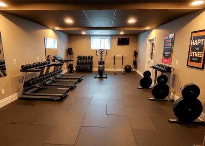 Home basement gym with rubber flooring, mirrored walls, warm overhead lighting, neatly arranged weights and fitness equipment, and a motivational poster, creating an energizing and welcoming exercise space.