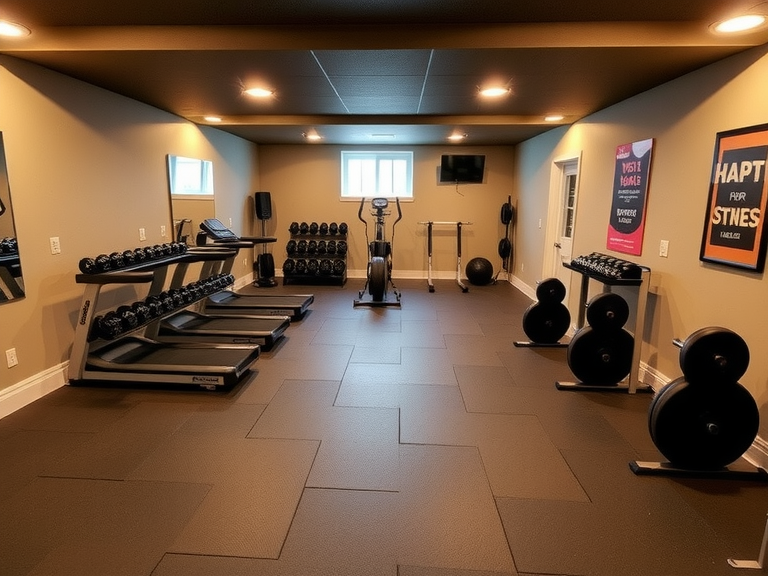 Home basement gym with rubber flooring, mirrored walls, warm overhead lighting, neatly arranged weights and fitness equipment, and a motivational poster, creating an energizing and welcoming exercise space.