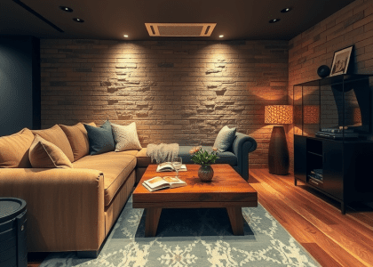 Smart-tech basement living room featuring a plush oversized couch in earthy tones, a rustic wooden coffee table with slight wear, warm stone walls with ambient lighting, integrated smart speakers, and a sleek display cabinet showcasing family photos and books, creating a comfortable and functional space for relaxation and connection.