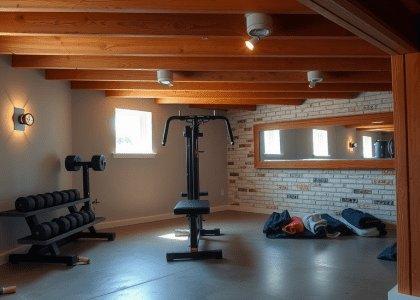 "Home basement gym with exposed wooden beams, concrete floor, free weights and bench against the wall, large mirror reflecting ambient light from small window, scattered yoga mats, creating a motivating and comfortable workout space."