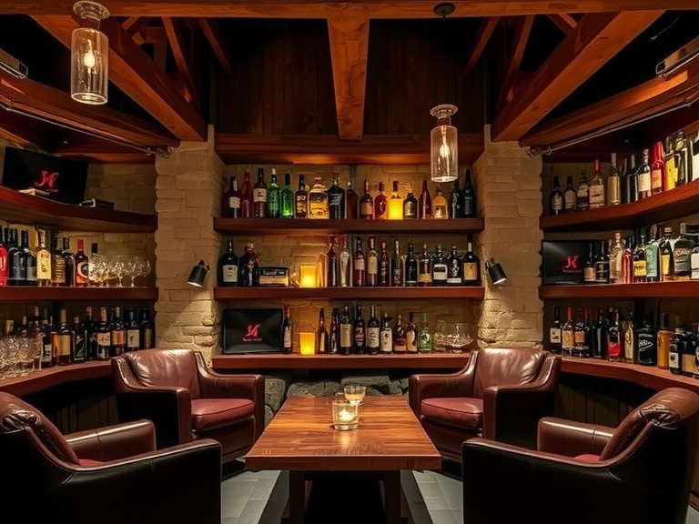 "Warm and inviting basement whiskey lounge with weathered wooden beams, flickering candlelight on aged stone walls, mahogany shelves displaying whiskey bottles and handcrafted glasses, plush leather armchairs around a reclaimed wood table, and soft jazz ambiance for intimate conversations."
