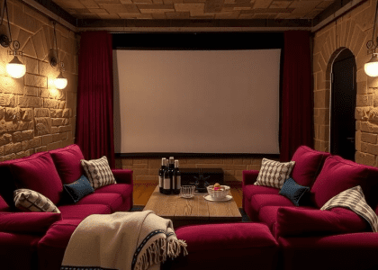 Cozy living room with a deep burgundy plush sofa facing a large screen, surrounded by exposed stone walls, soft dimmable lighting, thick sound-dampening curtains, an old wooden coffee table with snacks, and well-worn blankets, creating an inviting atmosphere for movie marathons with friends and family.