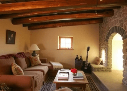 Warm basement country living room with rough-hewn wooden beams, oversized earthy-toned couch, weathered coffee table with books, small window letting in golden light, and a stone fireplace, creating a cozy atmosphere perfect for gatherings.