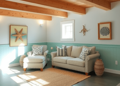 Coastal style basement living room with light-hued wooden beams, soft aqua walls, weathered couch with textured throw pillows, jute rug on concrete floor, sunlight through window, and sea-inspired decor including driftwood art and seashell accents.