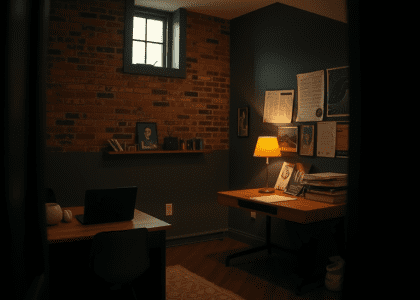 "Cozy basement home office with a wooden desk cluttered with notes, warm desk lamp glow, deep-hued walls, and rustic exposed brick, featuring a small high window for daylight."