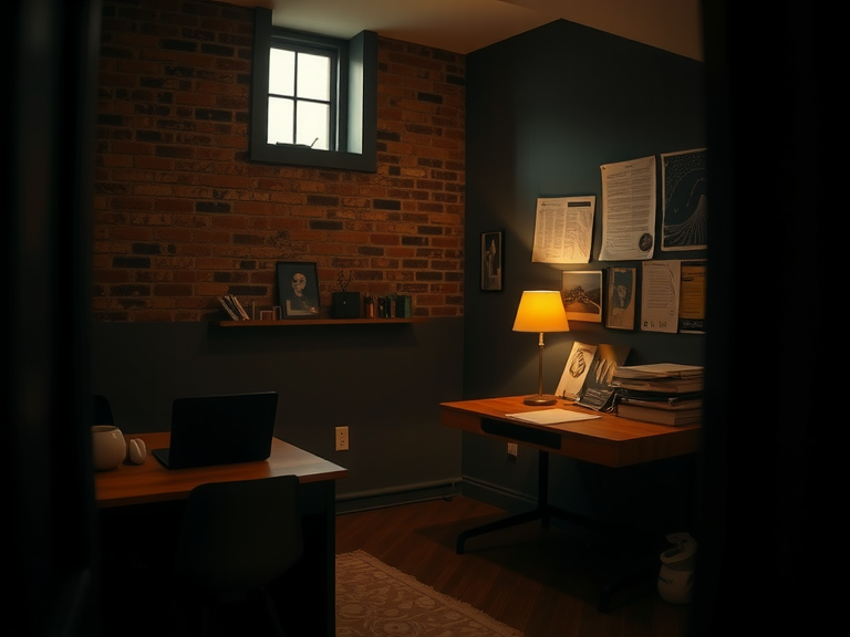 "Cozy basement home office with a wooden desk cluttered with notes, warm desk lamp glow, deep-hued walls, and rustic exposed brick, featuring a small high window for daylight."