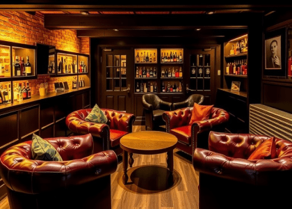 "Cozy basement whiskey lounge bar with deep leather armchairs, rustic wooden table, exposed brick walls, shelves of bottles, vintage bar accessories, and a fireplace, creating an inviting atmosphere for leisurely evenings."