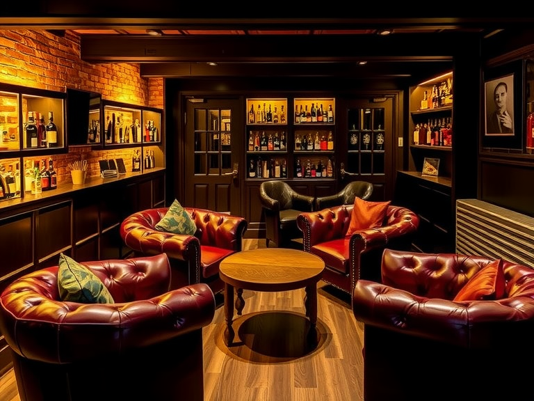 "Cozy basement whiskey lounge bar with deep leather armchairs, rustic wooden table, exposed brick walls, shelves of bottles, vintage bar accessories, and a fireplace, creating an inviting atmosphere for leisurely evenings."