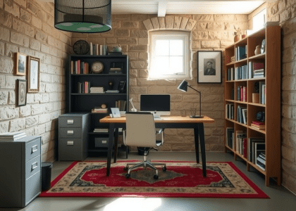 Modern basement office with a wooden desk against exposed stone walls, natural light from a small window illuminating metal filing cabinets and a layered area rug, books and personal trinkets on shelves creating a warm, inviting atmosphere.