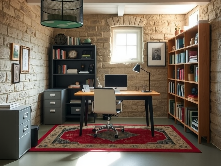 Modern basement office with a wooden desk against exposed stone walls, natural light from a small window illuminating metal filing cabinets and a layered area rug, books and personal trinkets on shelves creating a warm, inviting atmosphere.