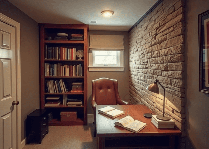 Classic basement home office with wooden desk, stone wall, scattered notebooks, flickering desk lamp, and muted colors; natural light filtering through a small window accentuates bookshelves with personal mementos, creating a cozy and tranquil workspace ideal for studying or working.