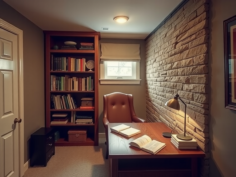 Classic basement home office with wooden desk, stone wall, scattered notebooks, flickering desk lamp, and muted colors; natural light filtering through a small window accentuates bookshelves with personal mementos, creating a cozy and tranquil workspace ideal for studying or working.